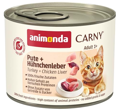 animonda Carny Katzen Nassfutter Pute + Hühnchenleber (6 x 200g), getreidefreies Katzen Nassfutter ohne Zucker, mit frischen fleischigen Zutaten
