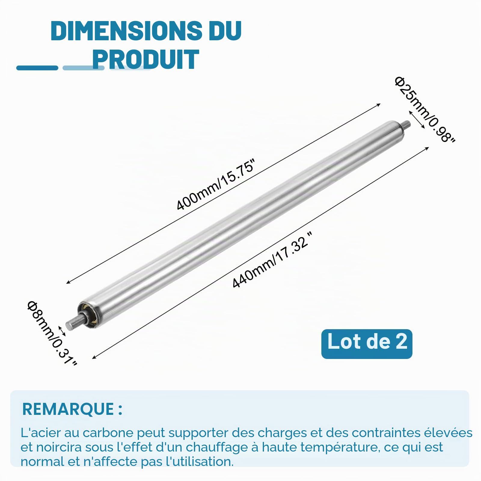 QUARKZMAN Rouleau de Convoyeur en Acier Inoxydable Diamètre 25mm Longueur 400mm Pièce de Rechange Gravitaire à Embouts Galvanisés (Argent, Pack de 2)