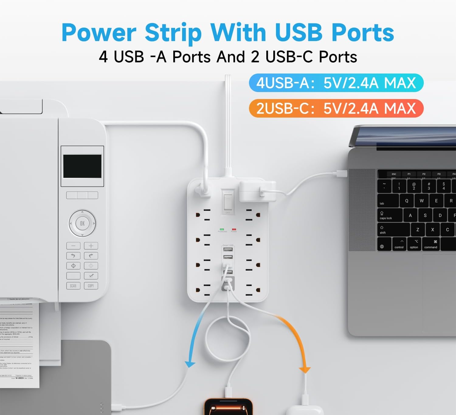 Flat Extension Cord with USB and USBC Ports, 5FT Extension Cord with 10 AC Outlet 6 USB, 1 Switch & 2 LED Indicator, USB Charging Station for Multiple Devices, for Home, Office, Dorm Essentials
