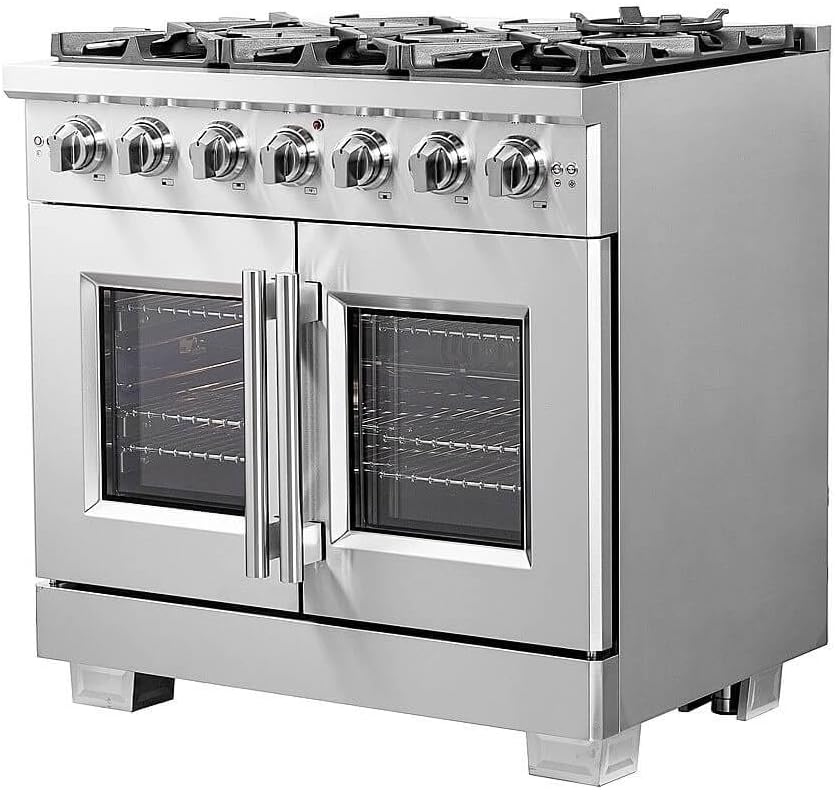 Forno Capriasca All Gas 36" Inch. French Door Freestanding Range 6 Burners Cooktop and 5.36 Cu.Ft. Convection Gas Oven - Stainless Steel Stove Range Heavy Duty Cast Iron Grates