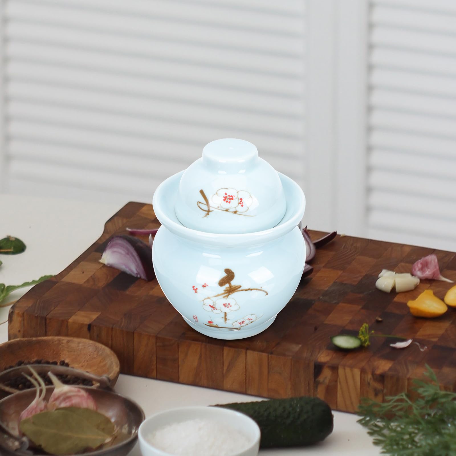 SUPVOX Bocal à Cornichons Chinois en Céramique Double Couvercle Hermétique, Conserve L'humidité, sans Bavures, Cuisine Salle à Manger