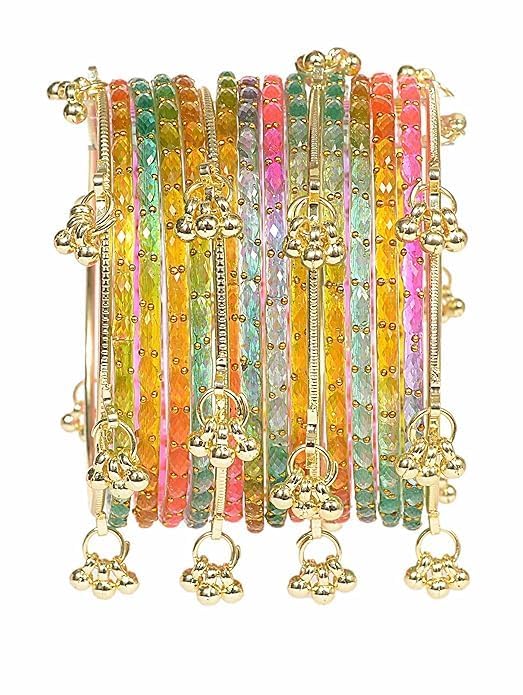 Kashmiri Ghangharoo Glass Bangle Set for Women| Light Weight Bangles | Traditional Transparent Fancy Glass Chudi Set for Wedding, Party(Set Of 18)