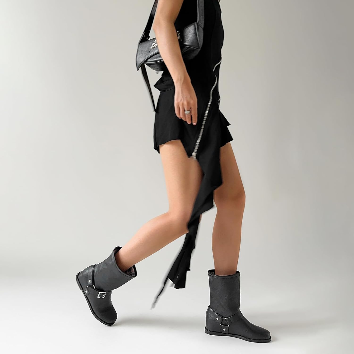 Cozivwaiy Black Ankle Boots For Women Round Toe Flats Comfortable Slip On Buckle Riding Low Heel Dress Casual Boots - Image 3