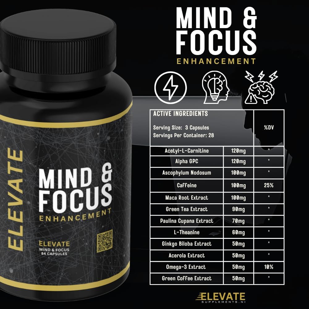 Elevate Supplements Mind & Focus, 28 Servings | Advanced Cognitive Performance Formula | Enhances Focus, Mental Clarity & Energy | Premium Brain Health Supplement