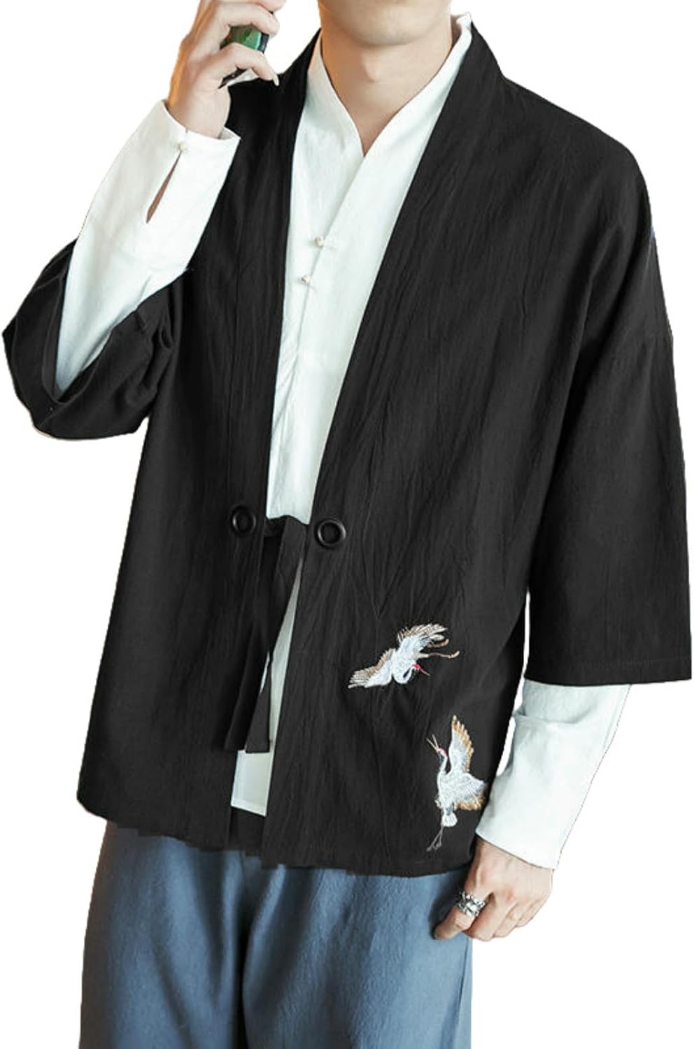 Men's Chinese Style Ancient Costume Traditional Lay Buddhist Three Quarter Sleeve Side Placket Linen Blend Shirt