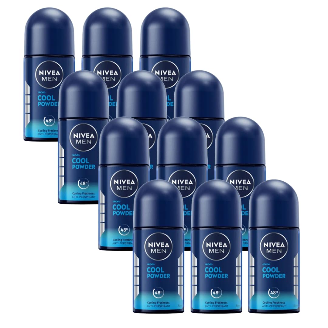 Nivea Men Cool Powder Roll-On Anti-Perspirant Deodorant 50ml - 48H Protection, Aluminum-Free Fresh Scent, Long-Lasting Odor Control for Active Men, Travel Size Body Care, 12-Pack
