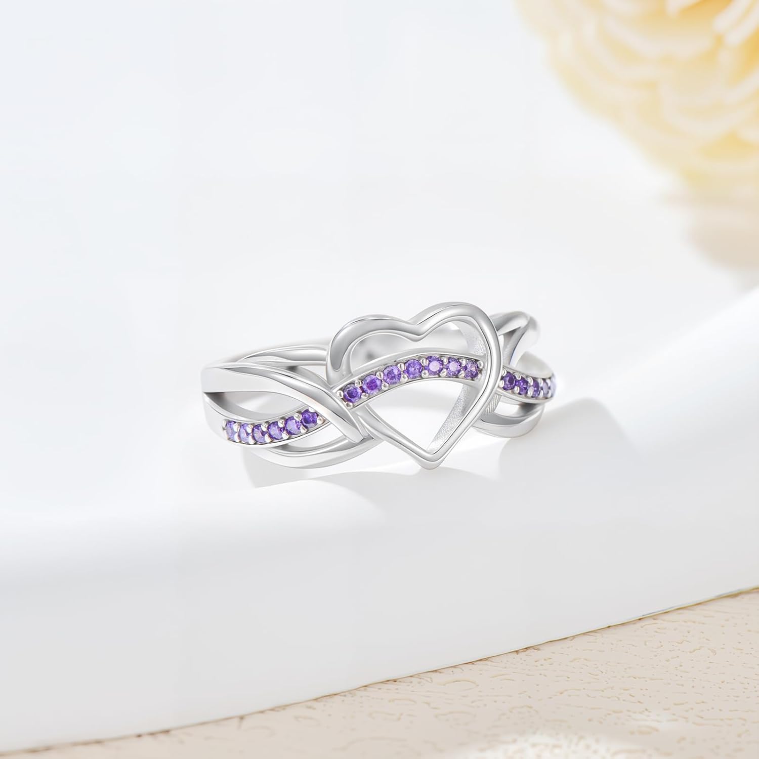 Celtic Knot Heart Rings with Amethyst Birthstone 925 Sterling Silver Twisted Infinity Statement Ring for Women - Image 5