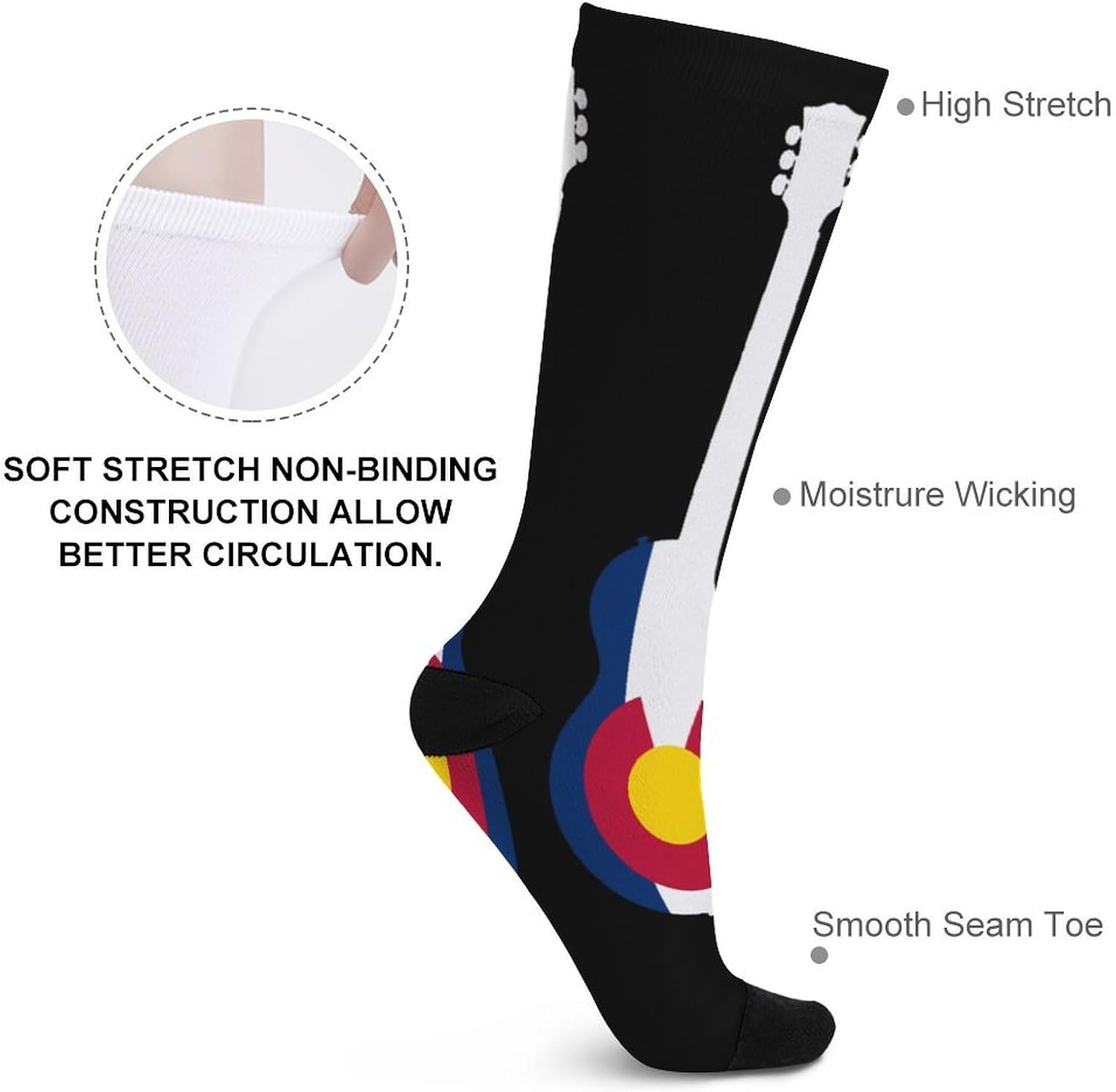 State Flag of Colorado Music Guitar Knee High Socks Athletic Long Stockings Sport Casual Crew Tube Sock Boot 40cm