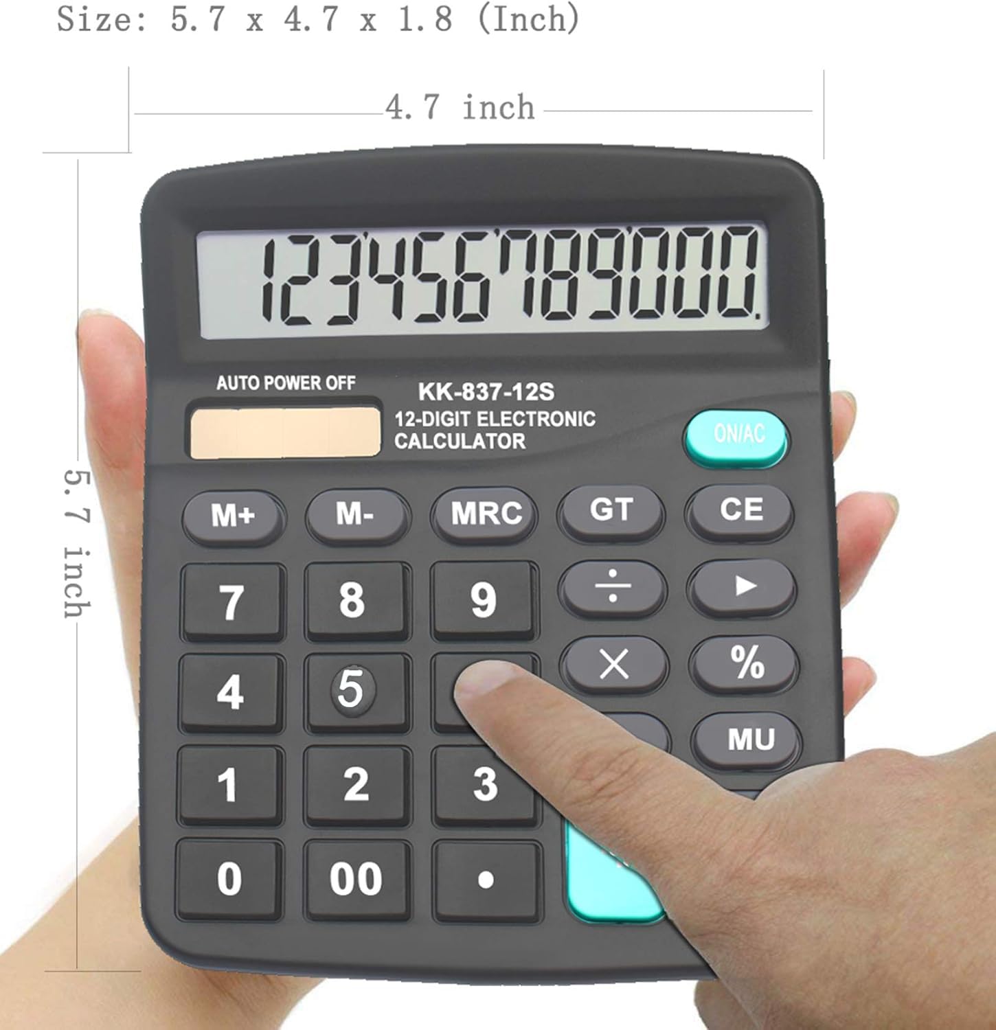 Calcolatrice portatile a 12 cifre a doppia alimentazione, da tavolo, con ampio display LCD, grande pulsante sensibile (nero, confezione da 10)