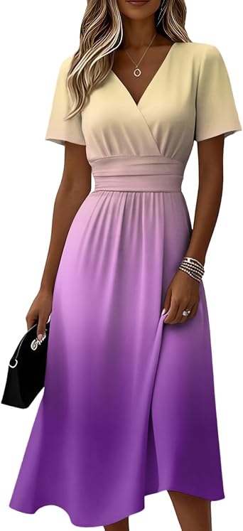 Maxi Dress for Women Summer Trendy Casual Swing Dresses Loose Printed V Neck Dress Beach Vacation Short Sleeve Dress