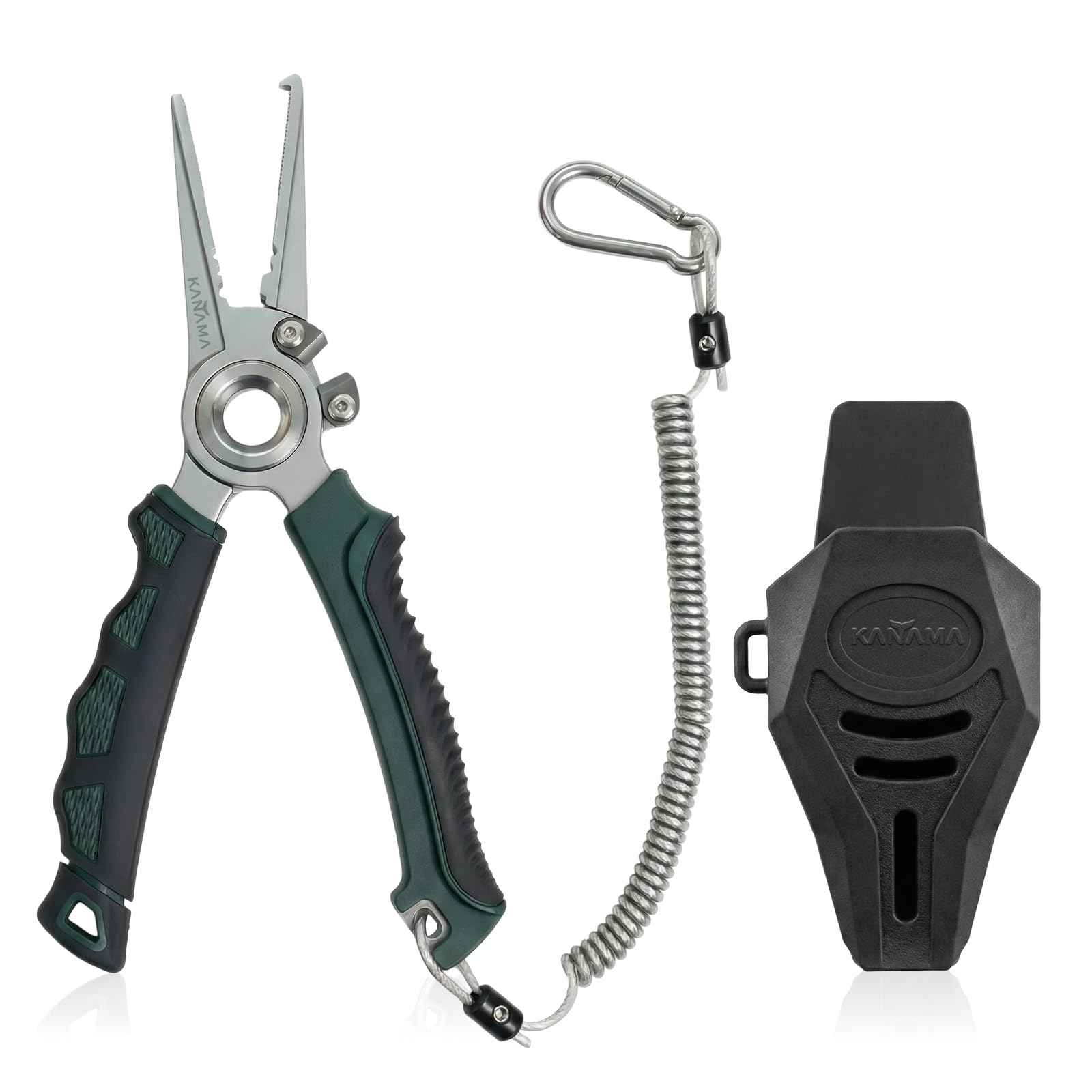 KANAMA Pince de Pêche en Acier Inoxydable 17-4, Pince Pêche en Mer Antirouille 19 cm avec Ouvre-Anneau Brisé, Dégorgeoir et Coupe-Tresse en Carbure de Tungstène, Idée Cadeau Pêche Homme