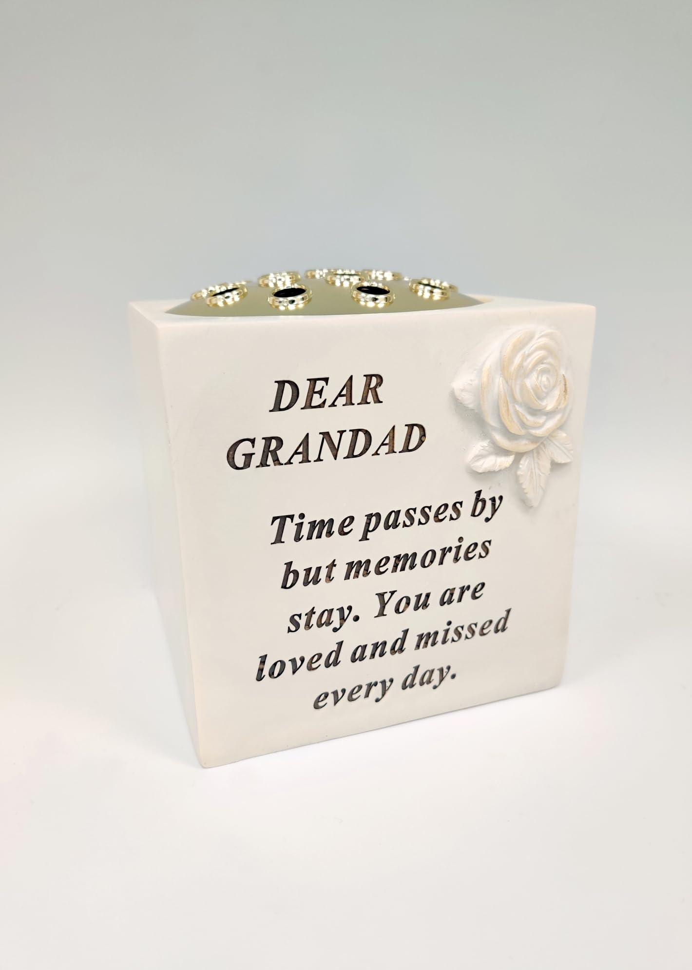 David Fischhoff Ivory Grandad Memorial Grave Vase Rose Bowl With Gold Insert – Weather Resistant Stone Effect Flower Holder For Graveside, Cemetery Or Garden Remembrance, Suitable For Fresh Or Artificial Flowers
