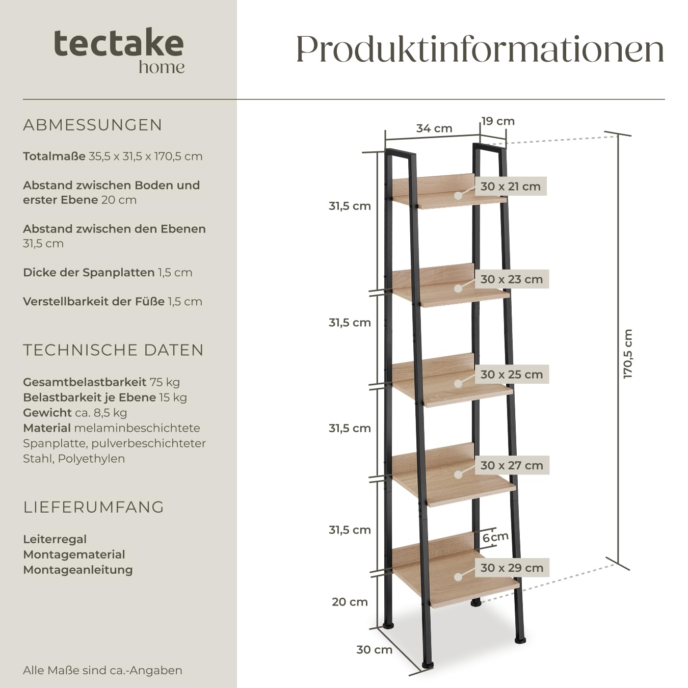 tectake® Leiterregal mit 4/5 Ebenen, schmales Regal, Standregal, Nischenregal, Möbel für Arbeitszimmer, Badezimmer Regal, Bücherregal Wand, 35,5 x 31,5 x 170,5 cm - Industrial Holz hell, Eiche Sonoma