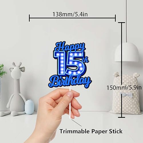 Miniatura 2 de Decoración de pastel de cumpleaños 15 con purpurina azul Let's Glow Crazy Party Theme Decor Supplies Boys Girls Happy Birthday 15 Anniversary Party