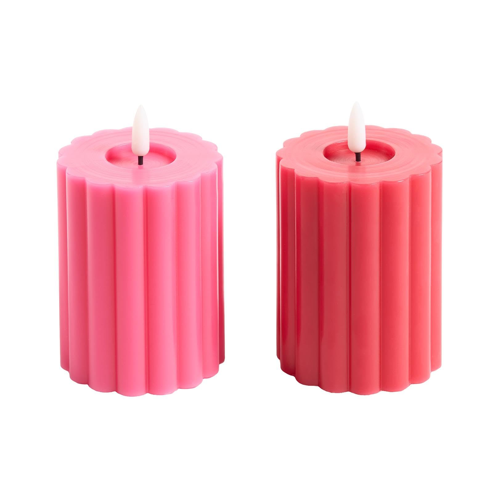 OHS Ribbed Flameless Battery Candles, 2 Pack Realistic LED Candle Warm Flickering Electric Pillar Flameless Candles Battery Tea Lights Home Decor Wedding Event Decor Authentic Mood Lighting, Red/Pink