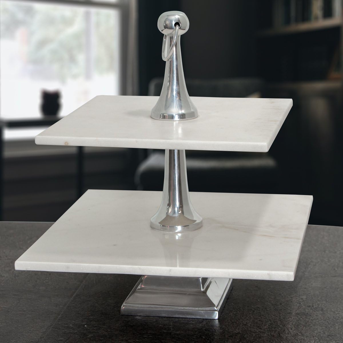 Antikas - Etagere, 2 Etagen, Quadrat, Aluminium, Marmor, Weiß