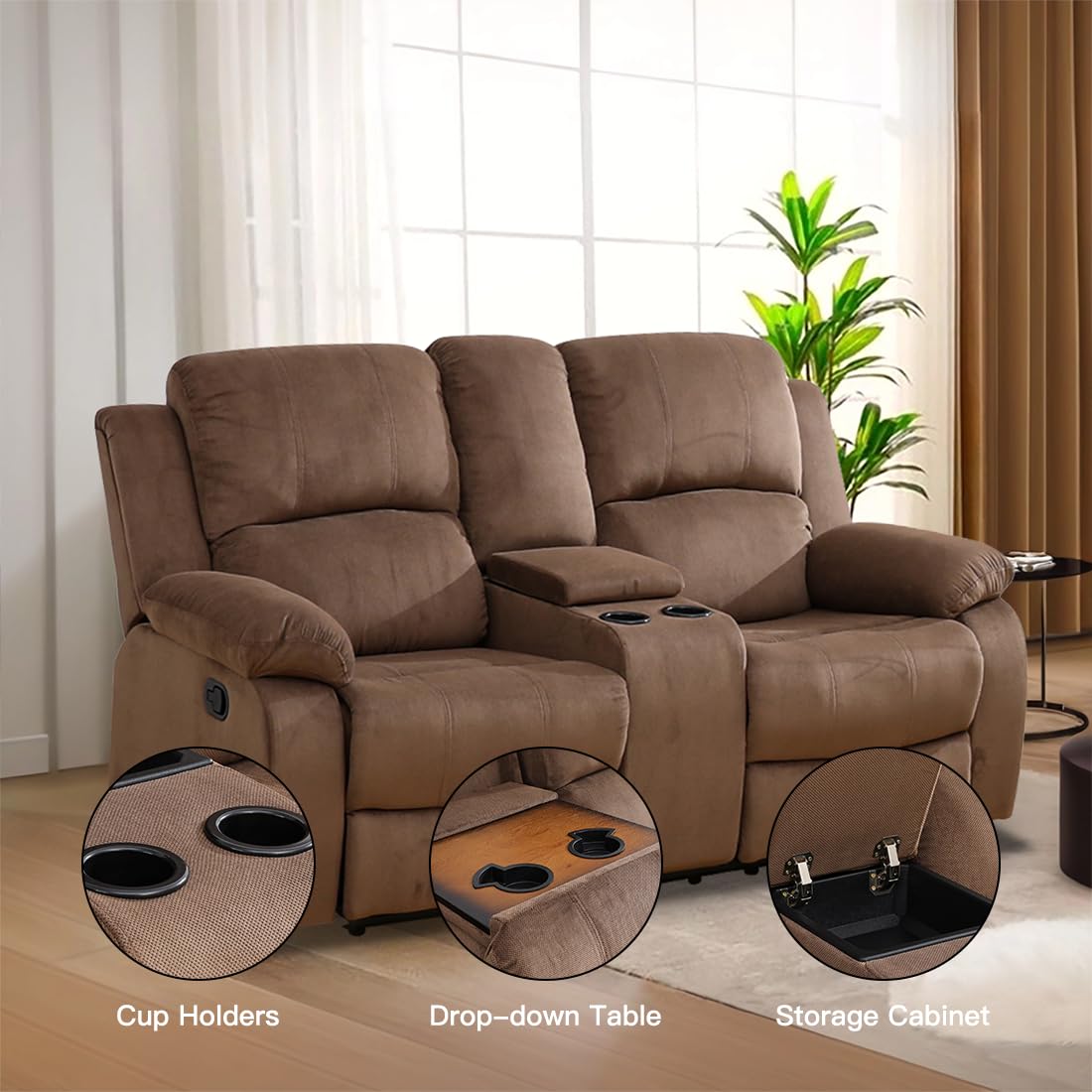 Toseslo Manual Recliner Loveseat Set, Living Room Furniture Sets, 2 Seater Modern Reclining Couches, Brown Corduroy Reclining Couch Sets with Storage Console/Cup Holder for Living Room/Apartment view 3