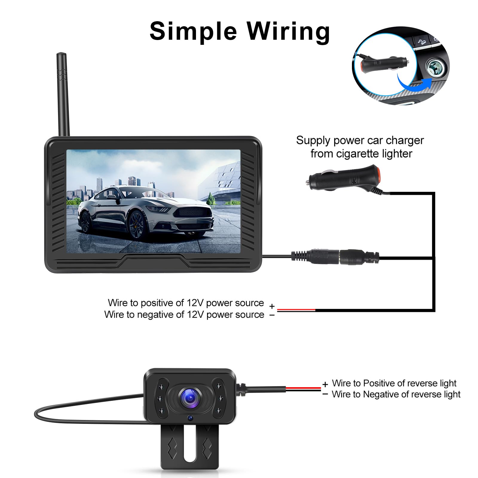 VECHTEL Telecamera Retromarcia Senza Fili 1080P, kit monitor con schermo IPS da 4.3 pollici, Facile da Installare, Linee Guida DIY, Visione Notturna, Impermeabile IP68