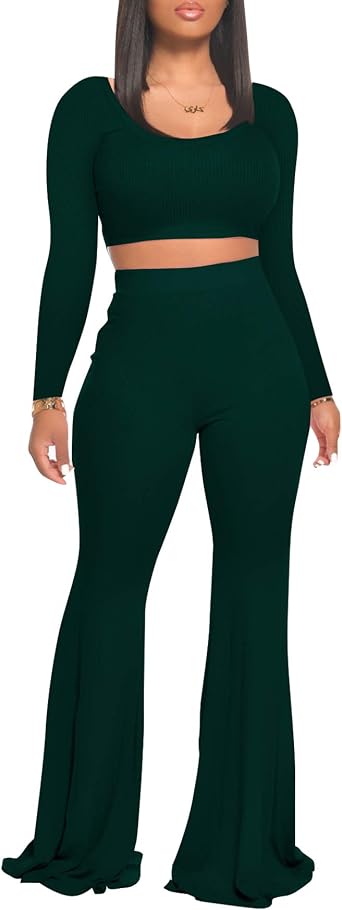 Two Piece Outfits for Women Sexy Crop Top + Flared Long Pants Sweat Suits Ribbed Fitted Tracksuits Yoga Set