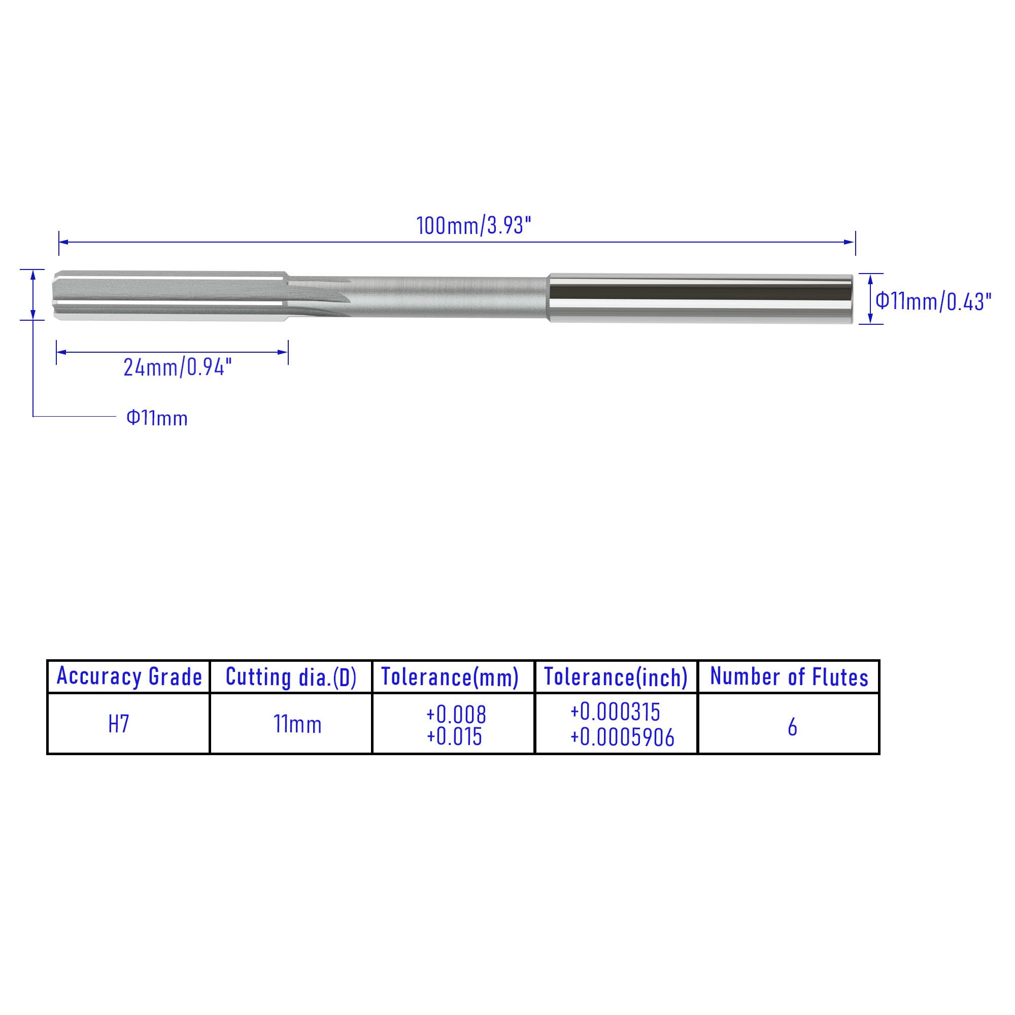 FOCMKEAS Chucking Reamer 11mm, H7 HSS Cobalt M35 Lathe Machine Reamer Metric, 6 Straight Flutes - Image 2