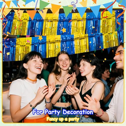 Image of 4 Pack 10 Feet Graduation Parade Floats Foil, Royal Blue Gold Fringe Garland Tinsel Streamers Banner Fringe Curtain Banner for Graduation Homecoming Birthday Party Decorations (Royal Blue, Gold)