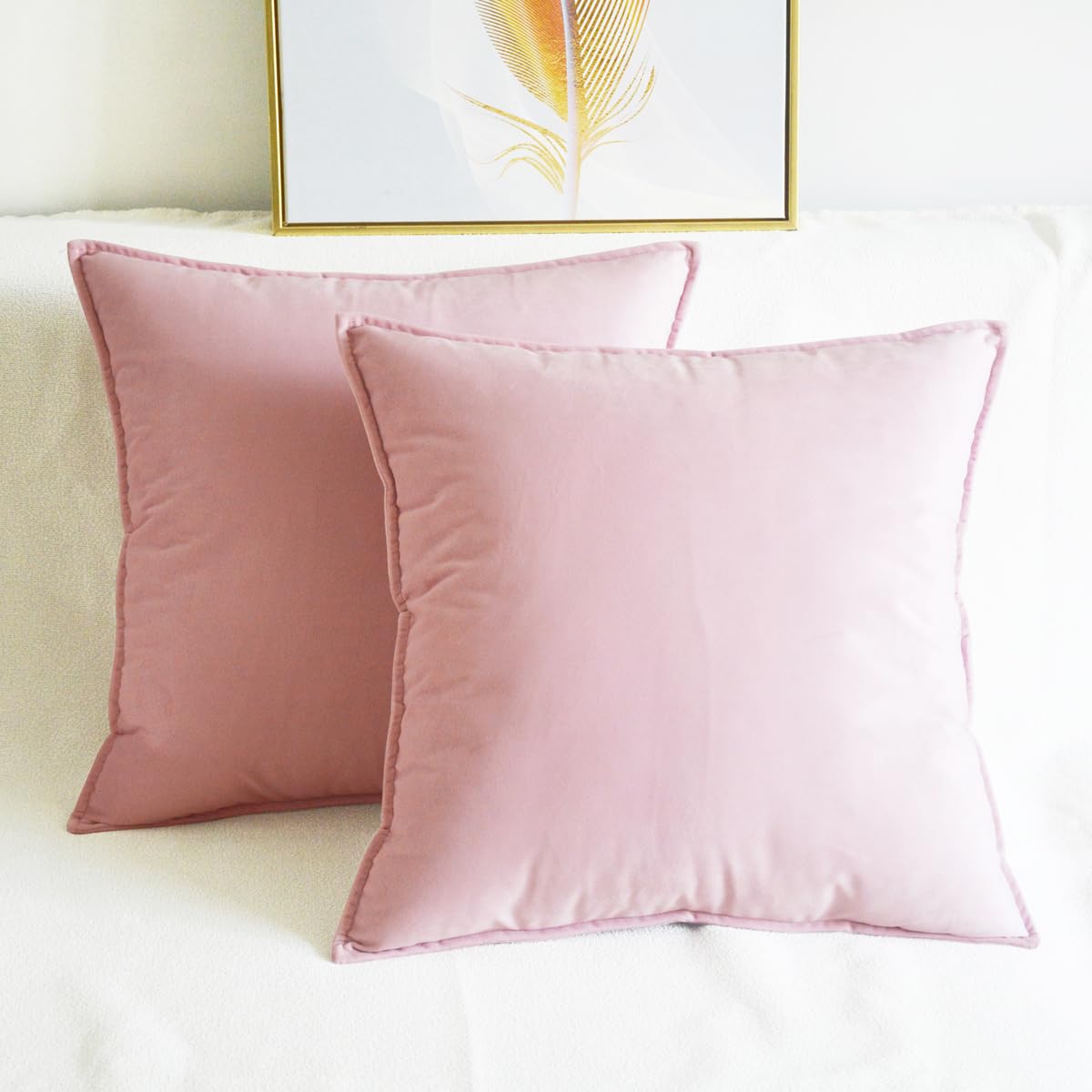 Lutanky Velvet Cushion Covers 18 x 18 Inch Pale Pink Decorative Square Throw Pillow Covers (Pack of 2) Soft Piped Pillowcases for Sofa Bedroom with Invisible Zipper 45cm x 45cm - Image 2