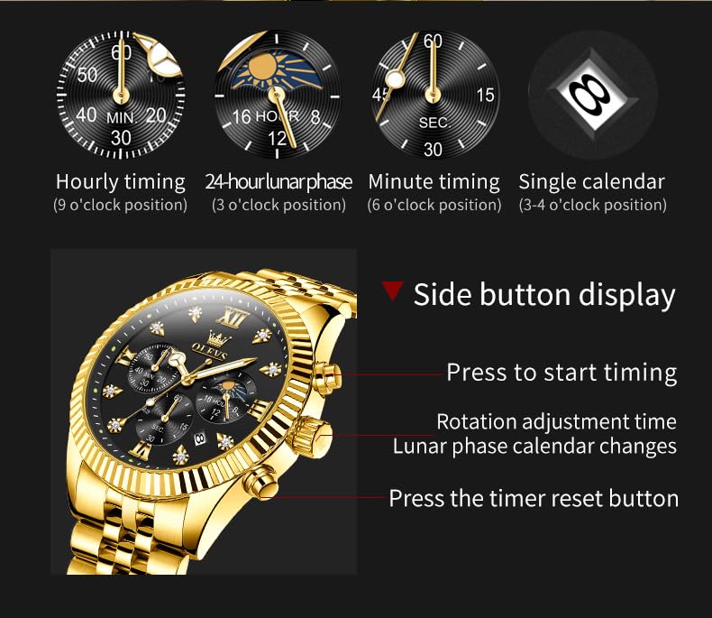 Image of OLEVS Mens Watches Chronograph Luxury Dress Moon Phase Quartz Stainless Steel Waterproof Luminous Business Calendar Wrist Watch