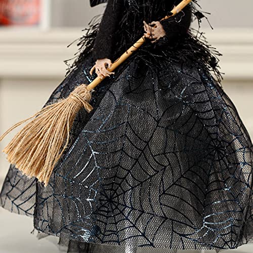 Halloween Witch Tree Topper Decoration, 11 Inch Handmade Black Witch With Spider Web Skirt, Flying Broom And Pointed Hat Ghost Gnomes For Desktop Fireplace Treetop Holiday Home Party Supplies #TOP2