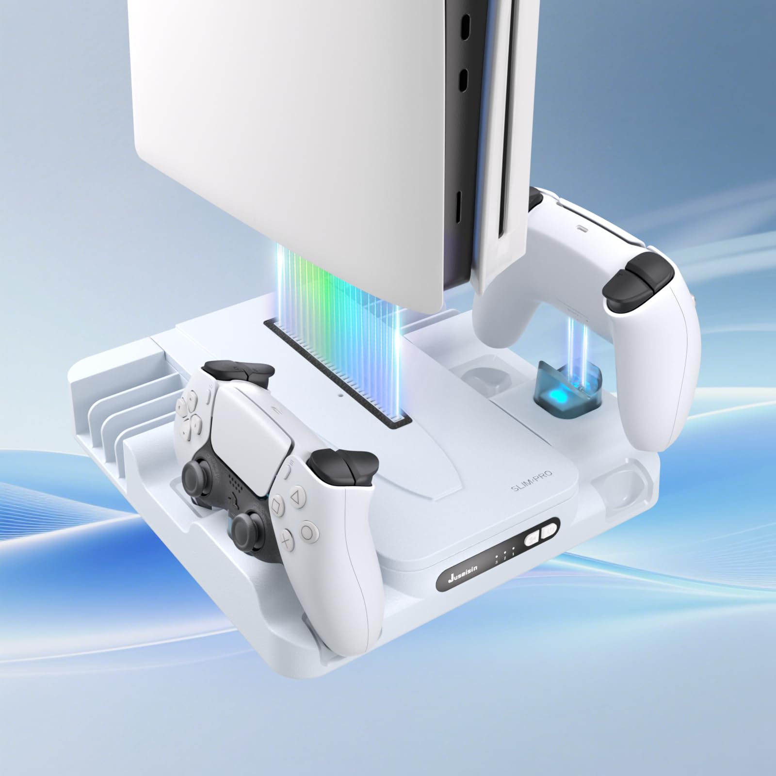 Station de charge pour PS5 avec ventilateur de refroidissement et support de carte de jeu, ventilateur à 3 compartiments, pour consoles PS5/Slim/Pro, double manette, station de charge rapide