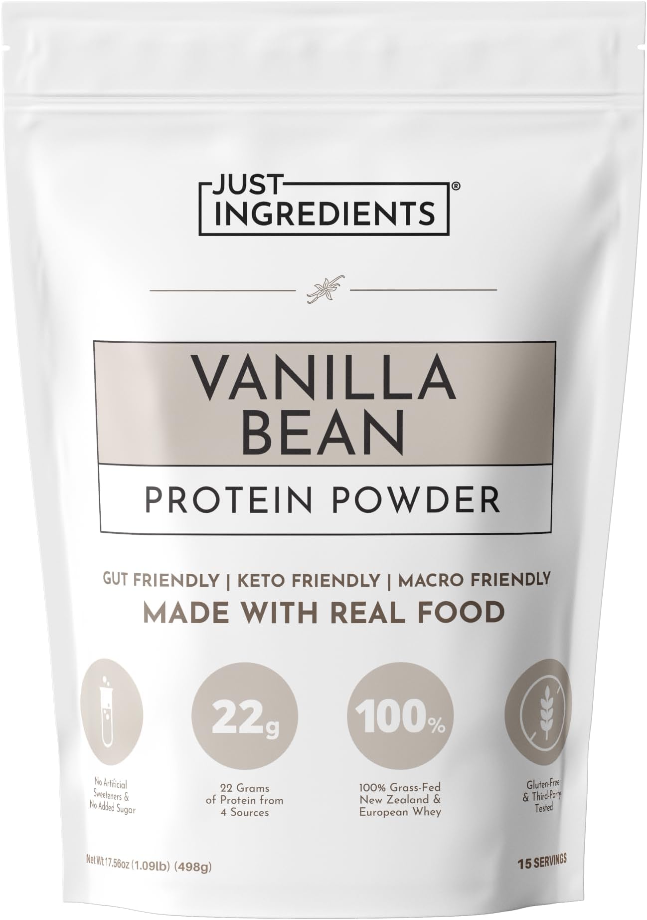 JUST INGREDIENTS Vanilla Protein Powder - Grass-Fed Whey Blend, Organic, Gluten Free - 15 Servings, 22g Protein