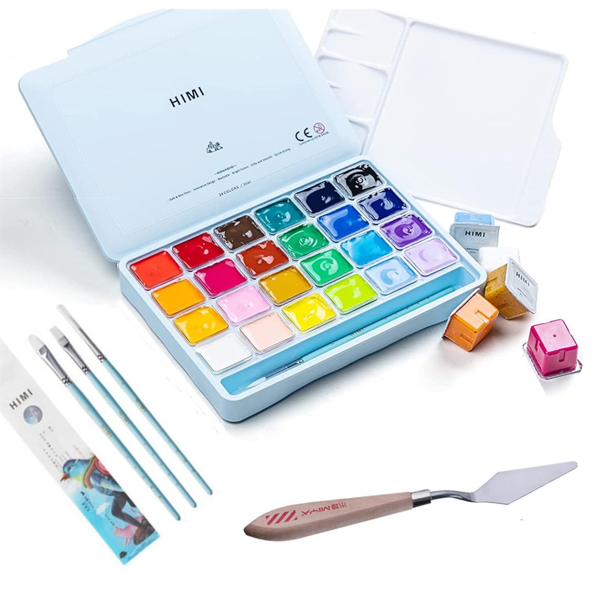 AOOK HIMI Gouache Paint Set Jelly Cup 24 Vibrant Colors Non Toxic Paints with Portable Case Palette for Artist Canvas Painting Watercolor Papers, Rich Pigment, (28 Ice Blue 24+3+1DAO)