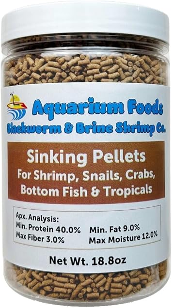 Shrimp Pellets, 40% Protein Sinking 3/32 x 1/4 Pellets for Shrimp, Snails, Crabs, Axolotls, Newts, Catfish, Plecos, All Bottom Tropical Fish...18.8oz Large Round Jar