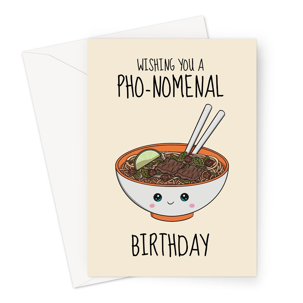 Cute Food Bithday Card for Him or Her - Pho Noodles Bowl - Vietnamese Noodle Soup Dish Joke - Blank Inside – 7x5 Inch Greeting Card with Envelope