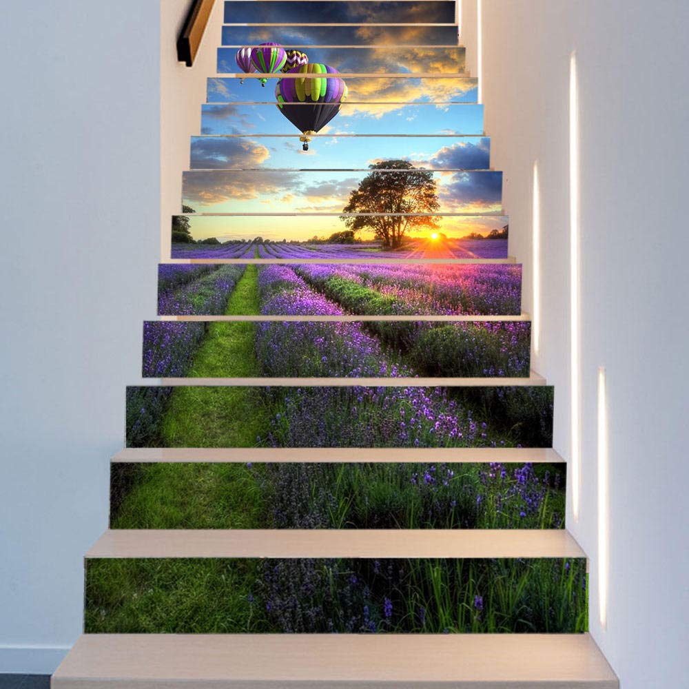Naklejki Na Schody Mural Samoprzylepne1 Zestaw / 13 Sztuk Lawenda Hot Air Balloon Schody Naklejki Mozaika Trójwymiarowe Naklejki 3D Symulacja Zdejmowana Wodoodporna Naklejki Ścienne Sypialnia Salon Di