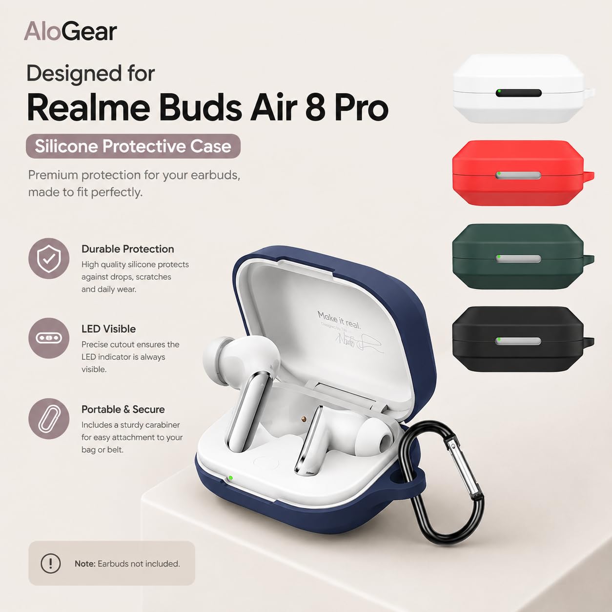 Silicone Case for Realme Buds Air 8 Pro TWS Earbuds, Shockproof Cover with Heavy Duty Carabiner, LED Visible (Black) — Amazon image 2