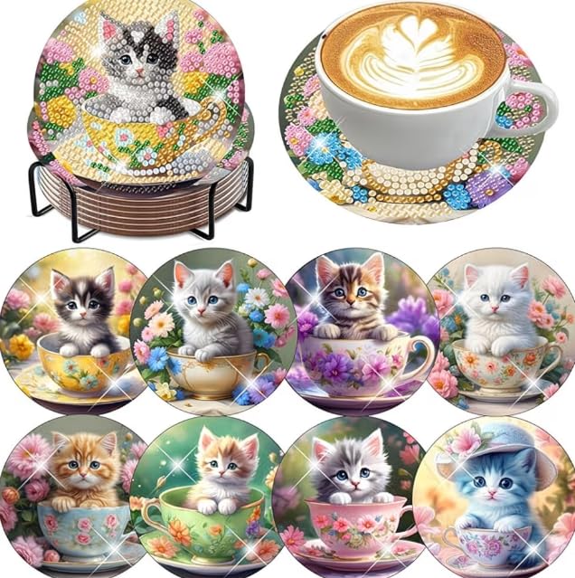 8 PCS Cat Diamond Art Coasters with Holder, DIY Cat Diamond Painting Coasters Kits for Adults, Animals Mosaic Diamond Painting Coaster Gift Set with Non Slip Hardwood Bases 4x4 Inch — image 1