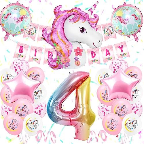 4th Birthday Party Decoration Girls, Unicorn Birthday Decoration Set Pink, Large Number 4 Foil Balloon,Pink White Latex Balloons,4 Unicorn Party Supplies for Baby Girls Birthday Celebration
