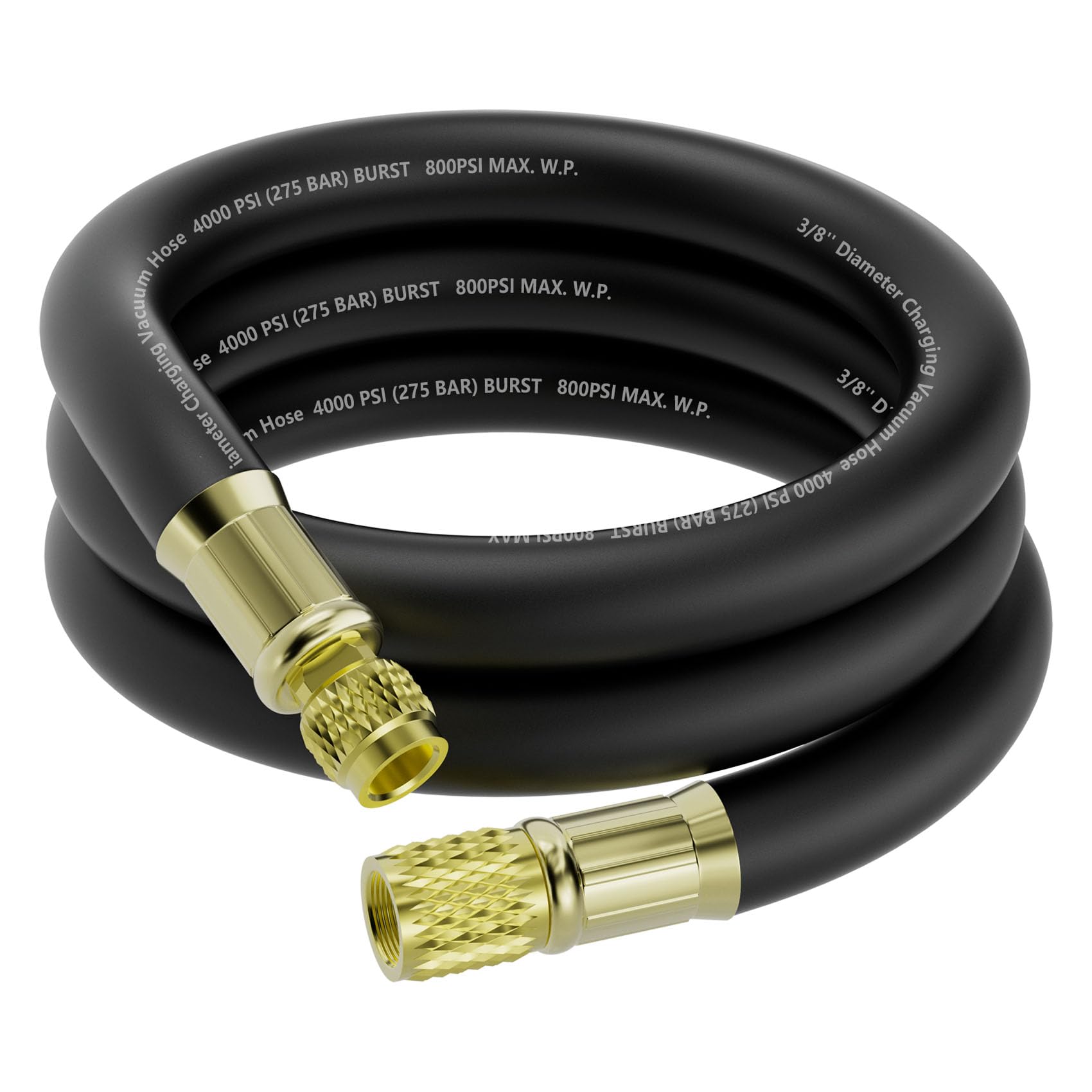 Manguera de vacío HVAC de 3/8 pulgadas (6 pies), accesorios SAE de 3/8 a 1/4 pulgadas, funcionamiento de 800 psi/presión de ráfaga de 4000 psi, manguera de alto flujo certificada por vacío compatible