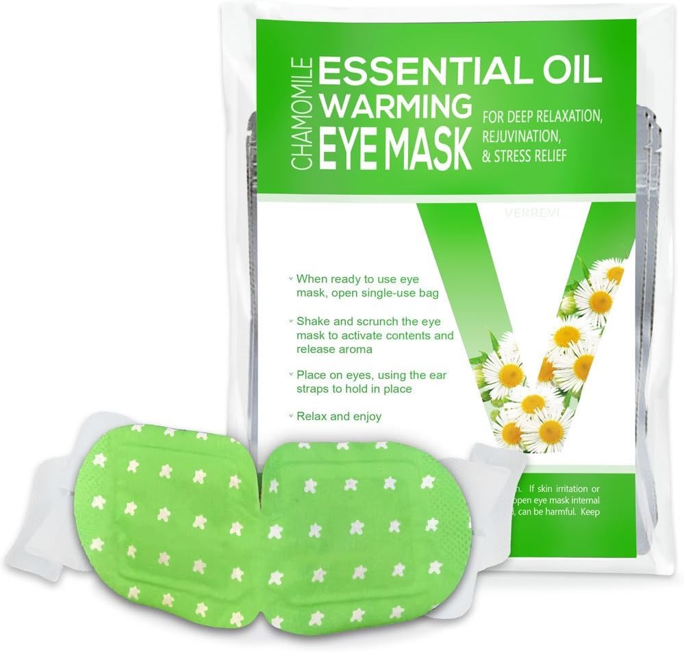 Verrevi Chamomile Eye Masks, FASTEST Self-Heating Aromatherapy Eye Pillow for Better Sleep + Stress Relief! Rejuvenate Tired Eyes, Reduce Migraines | Flower Essential Oil Face Mask, Disposable 10 Pack