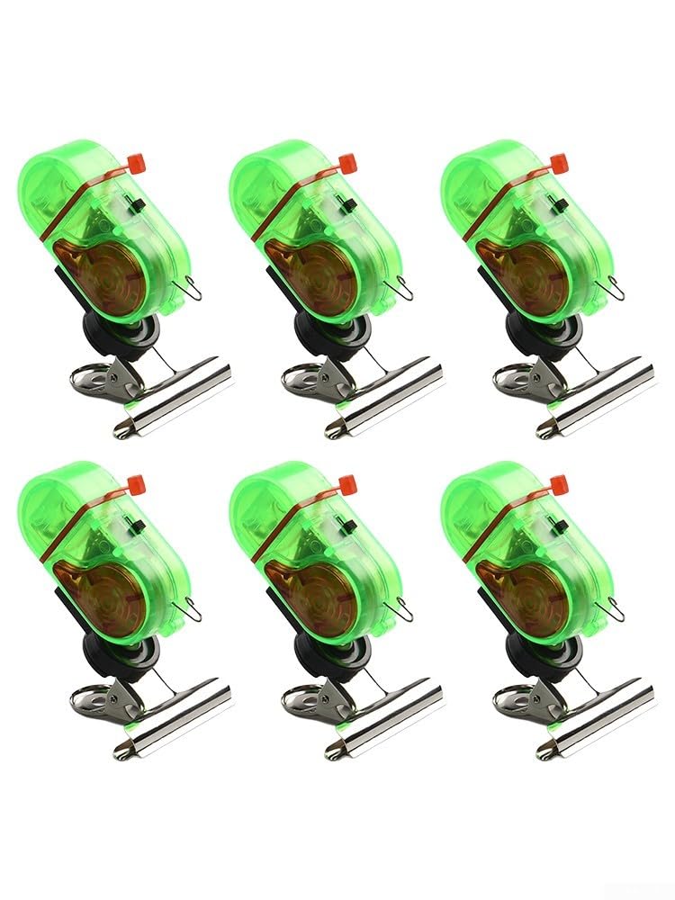 Waterproof Fishing Rod Bite Alarm System with LED Light Indicator 80 Decibel Sound Clip-On Design for Night Fishing Detection ABS Material 6 Pieces(Plastic Green)