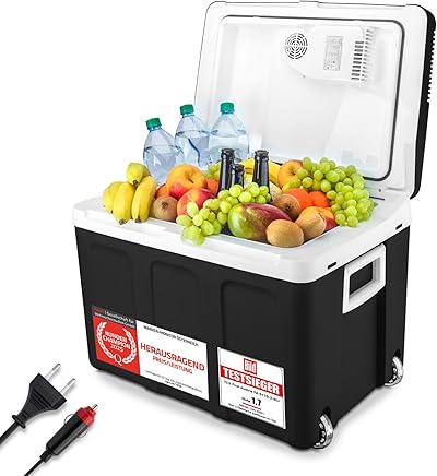 TZS First Austria - Kühlbox 45L elektrisch 12V 230V Anschluss für Auto & Steckdose - Thermoelektrische Cool Box kühlt & wärmt - Mini Kühlschrank mit Rollen - Für Camping, Festivals, Reisen - Schwarz