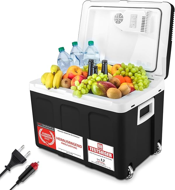 TZS First Austria - Kühlbox 45L elektrisch 12V 230V Anschluss für Auto & Steckdose - Thermoelektrische Cool Box kühlt & wärmt - Mini Kühlschrank mit Rollen - Für Camping, Festivals, Reisen - Schwarz