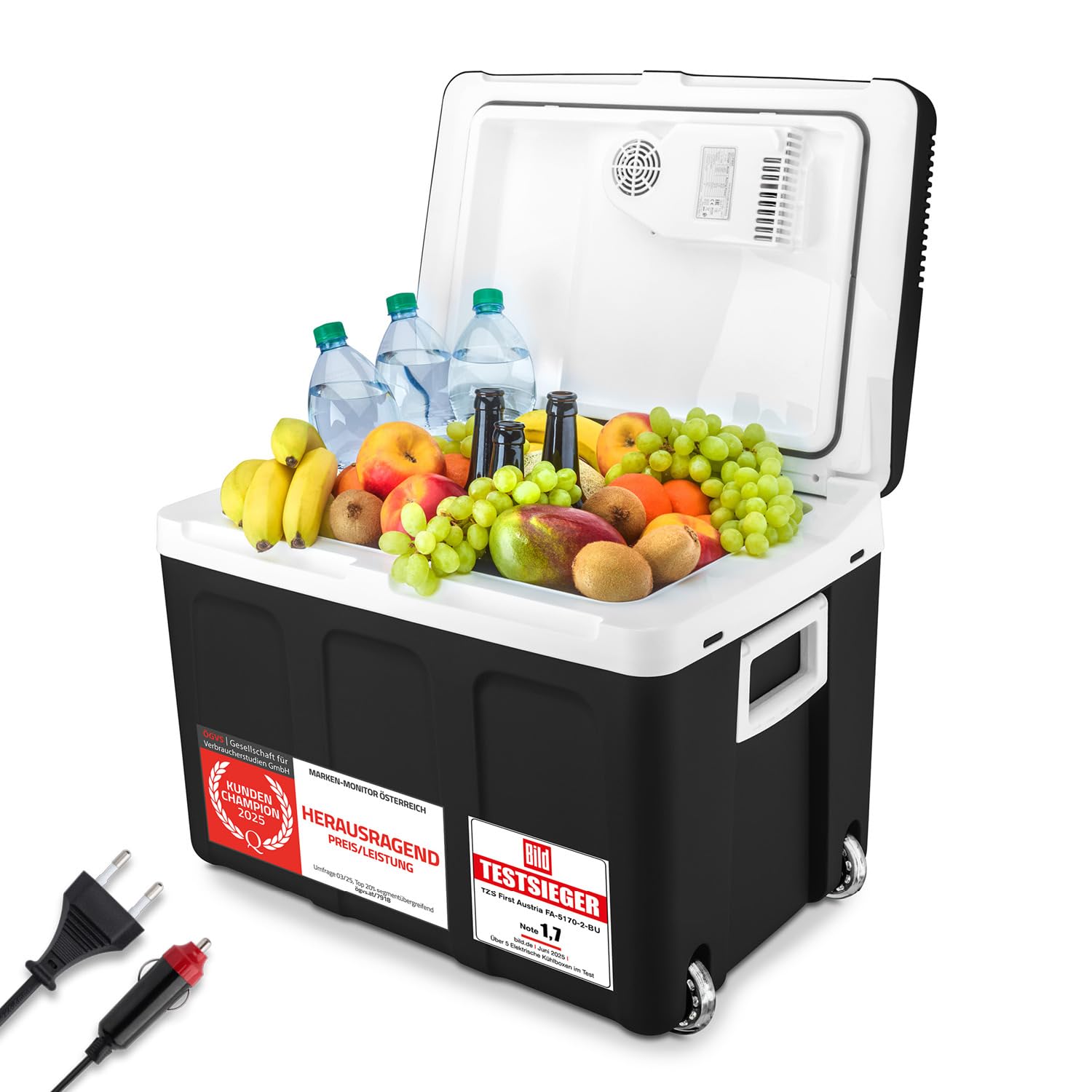 TZS First Austria - Kühlbox 45L elektrisch 12V 230V Anschluss für Auto & Steckdose - Thermoelektrische Cool Box kühlt & wärmt - Mini Kühlschrank mit Rollen - Für Camping, Festivals, Reisen - Schwarz