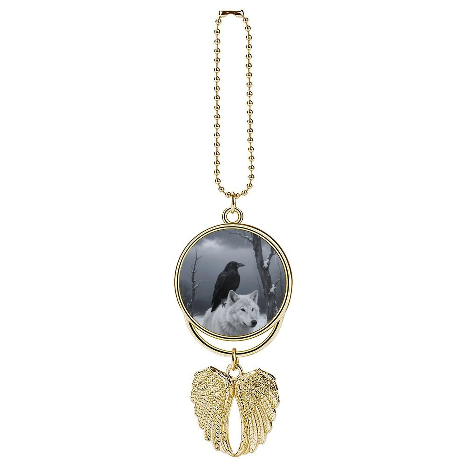 Crow and White Wolf Car Pendant Car Rearview Mirror Pendant Custom Photo Car Hanging Ornament Car Rear View Mirror Hanging Accessories Angel Wing Car Charm Gift for Men Women