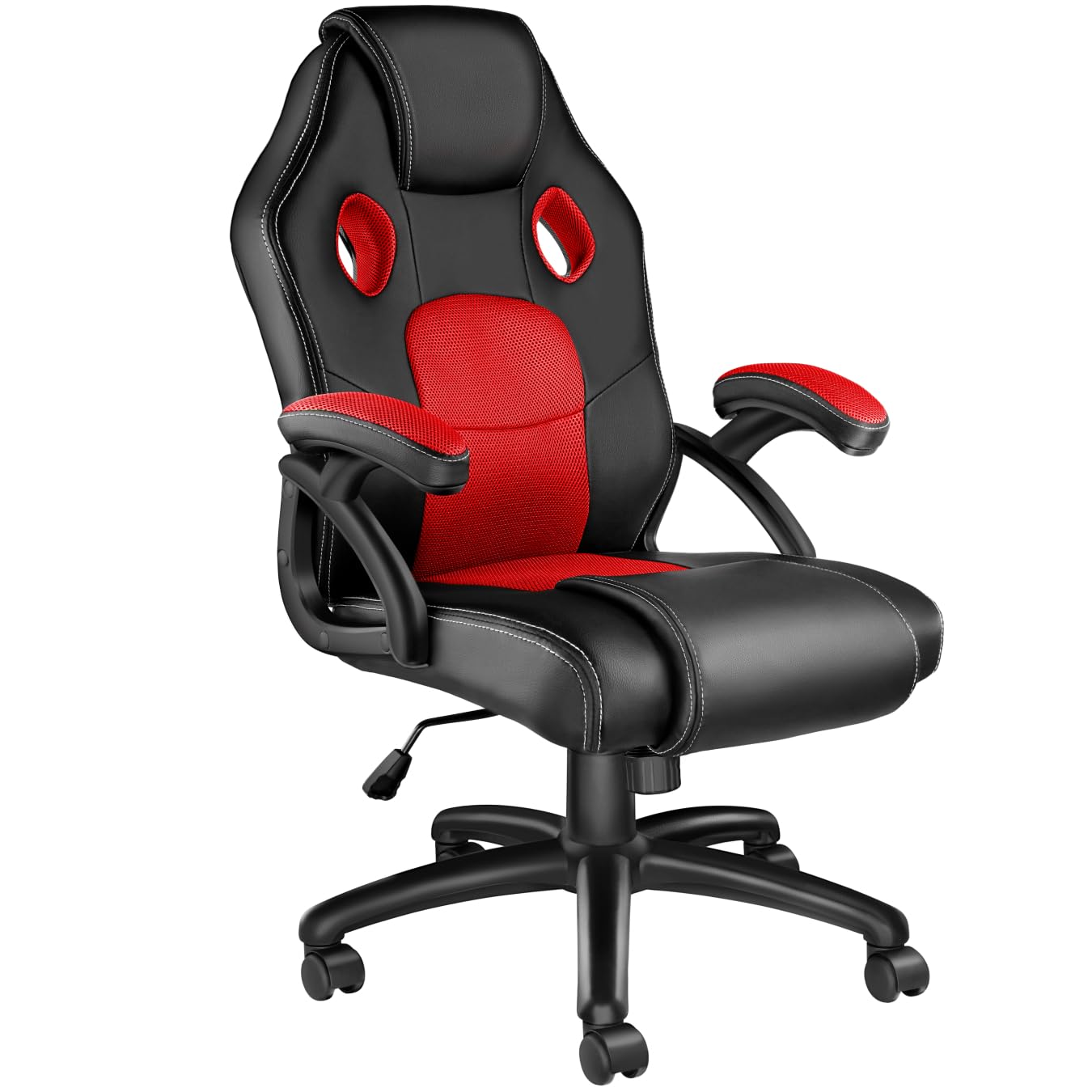 tectake® Silla Gaming, Silla Ergonomica Escritorio, Ordenador, Altura Ajustable, 5 Ruedas Dobles, Diseño Moderno, Acolchado Grueso, Tejido de Malla, Silla Oficina, Silla Escritorio - Negro/​Rojo