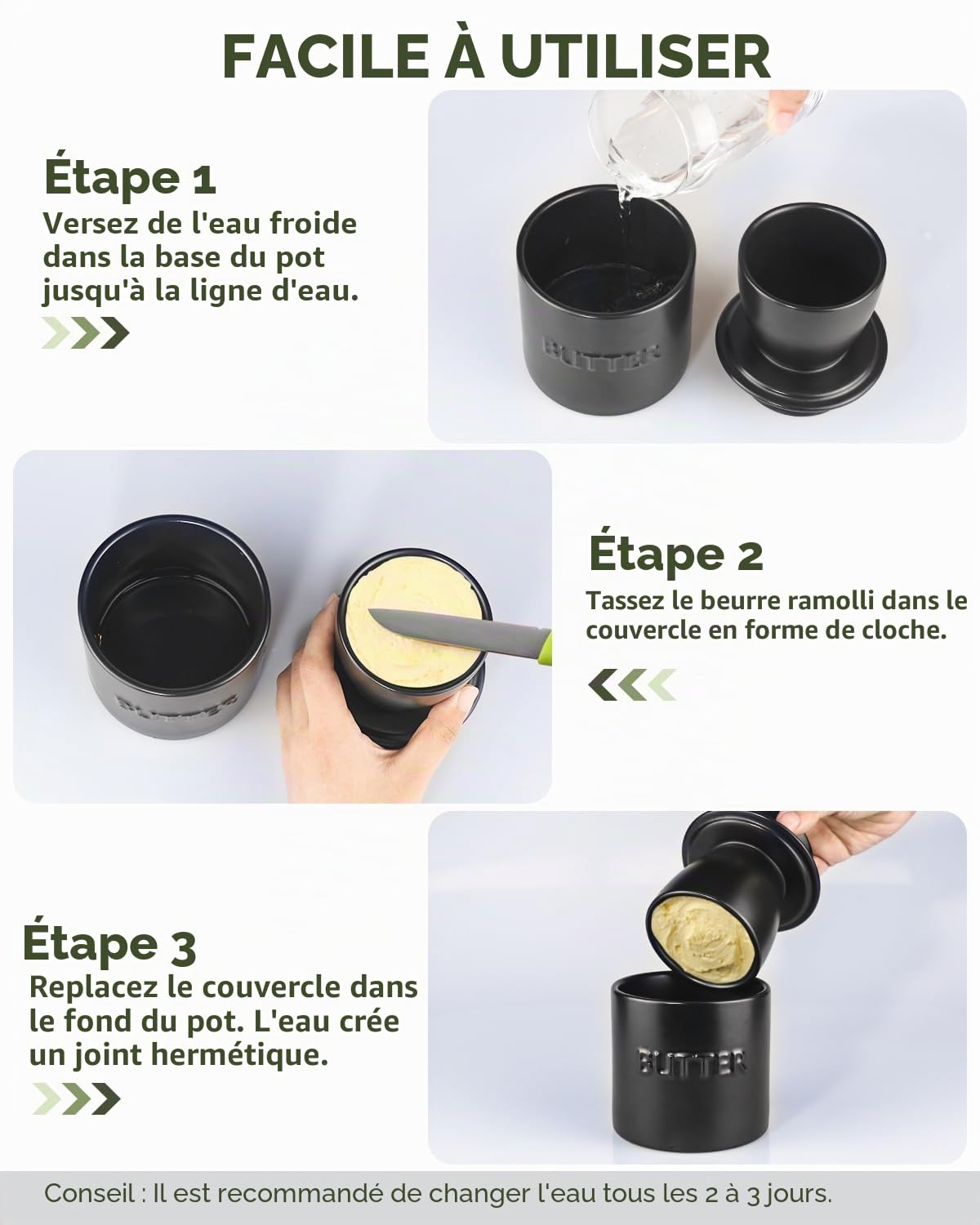 Beurrier avec Couvercle, Beurrier Français en Céramique, avec Ligne d'eau, Pour Beurre Doux (Noir)