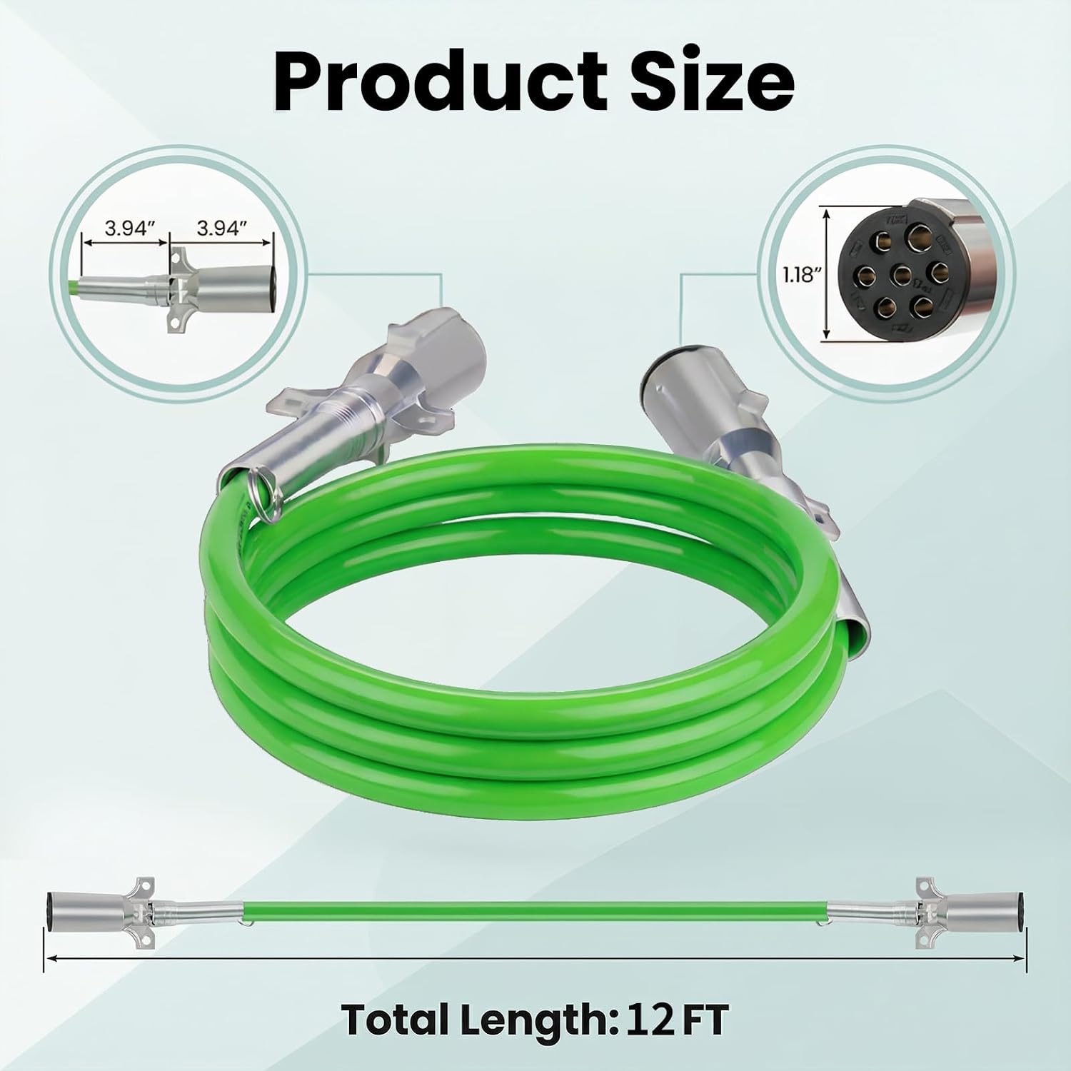 12ft 7 Way Trailer Cord Plug ABS Straight, Heavy Duty Semi Trailer Plug Electrical 7 Way Trailer Wire for Semi Truck Trailer Tractor