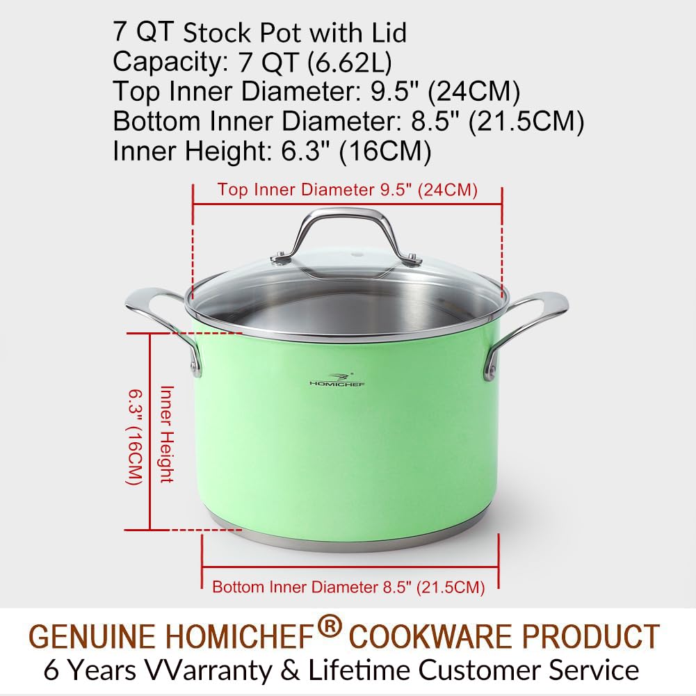 HOMICHEF Marmite 6,6 L Vert Menthe en Acier Inoxydable Sans Nickel avec Couvercle en Verre - 24 CM Marmite à induction à usage intensif sans revêtement non toxique