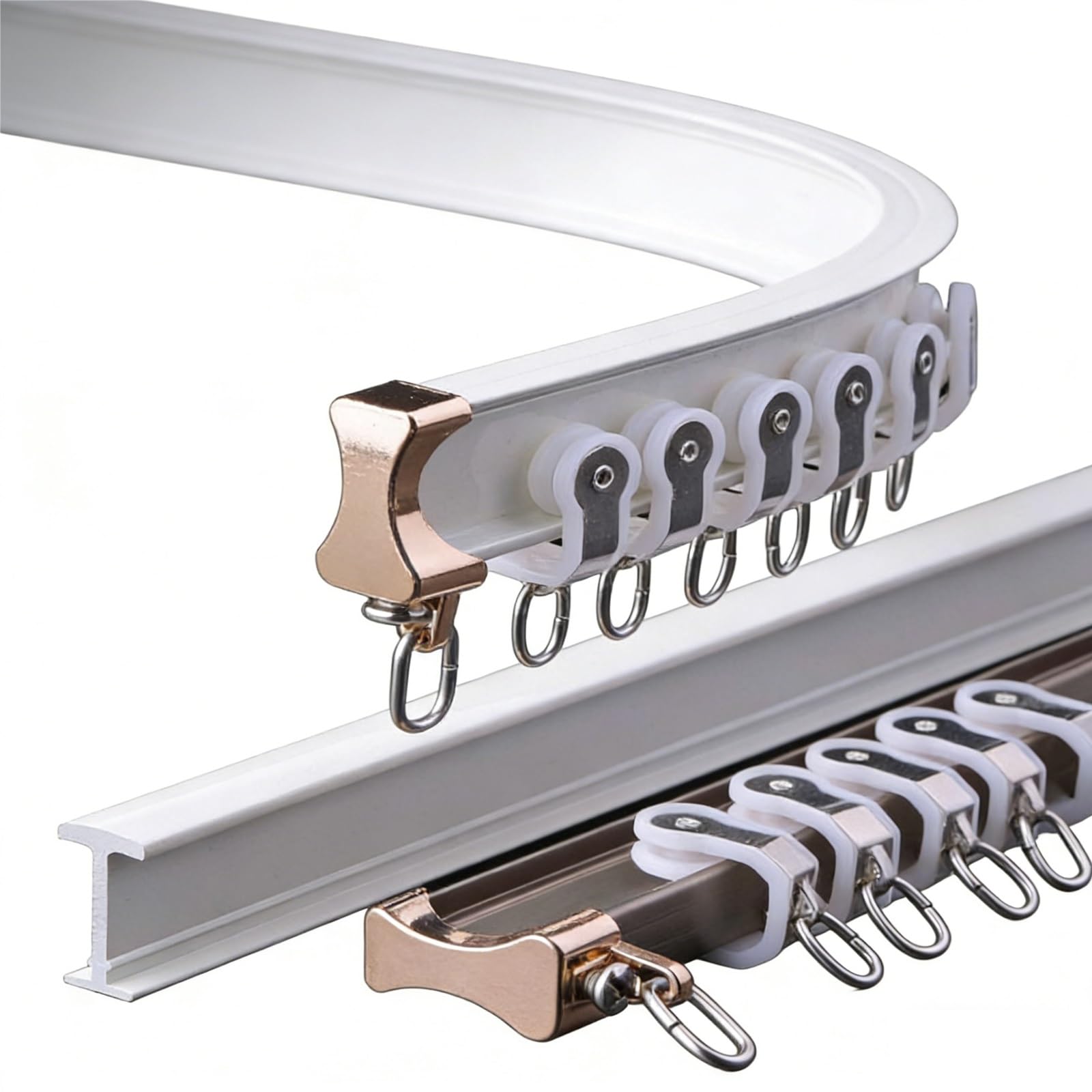 Aluminium-Deckenvorhangschiene, biegbare Gardinenstange für Erkerfenster und Balkone, 180 cm bis 580 cm, Weiß/Gold, inklusive Beschläge, ideal für Hotels und Heimdekoration