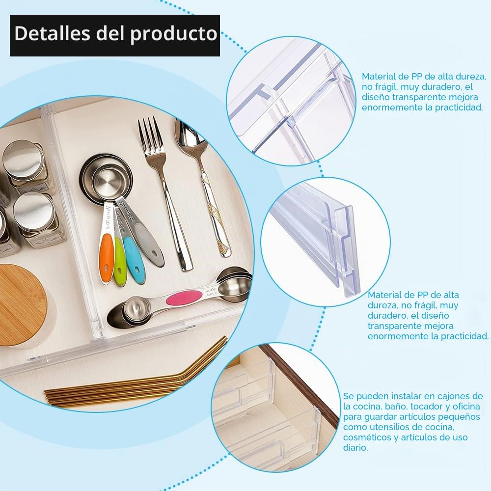 QINERSAW Separadores de cajones ajustables 6 piezas 27,5-52 cm Plástico transparente Organizador para baño oficina